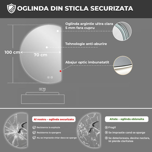 Oglinda de Perete Elindor® Asimetrica Semiluna, fara Rama, Decorativa, Eleganta, Ideala pentru Baie, Birou, Hol, Living, Dressing, Iluminare Led, Intensitate Ajustabila, Antiaburire, 3 Temperaturi de Culoare, 100 x 70 cm
