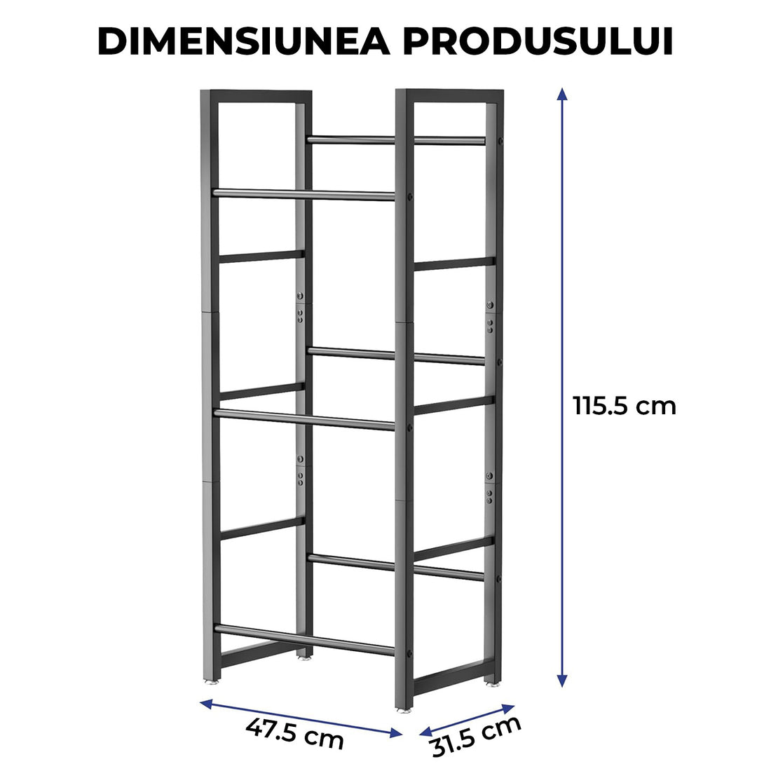 Suport Navete Bauturi Elindor®, 3 Niveluri, Cadru Metalic Rezistent, greutate Maxima Suportata 150 kg, Picioare reglabile, 47.5 × 31.5 × 115.5 cm, Negru