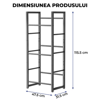 Suport Navete Bauturi Elindor®, 3 Niveluri, Cadru Metalic Rezistent, greutate Maxima Suportata 150 kg, Picioare reglabile, 47.5 × 31.5 × 115.5 cm, Negru