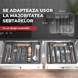 Organizator Elindor® pentru Tacamuri si Ustensile de Bucatarie, 5-7 Compartimente, Sertar Extensibil, Suport Ajustabil pentru Cutite, Linguri, Furculite, Accesorii Bucatarie, Separator Sertar, 31 × 22 × 4 cm, Gri