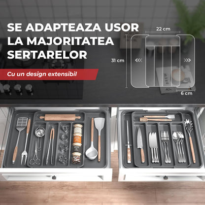 Organizator Elindor® pentru Tacamuri si Ustensile de Bucatarie, 5-7 Compartimente, Sertar Extensibil, Suport Ajustabil pentru Cutite, Linguri, Furculite, Accesorii Bucatarie, Separator Sertar, 31 × 22 × 4 cm, Gri