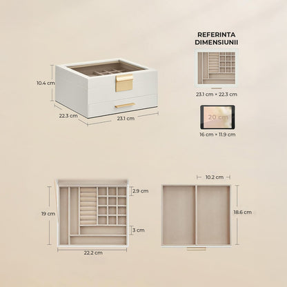 Cutie de Bijuterii Elindor® cu Capac, Organizator 2 Niveluri, 1x Sertar, Spatiu de Depozitare Inel, Verighete, Lantisoare, Bratari, Cercei, Caseta din Material Catifelat, Design Rafinat, Simplu si Elegant, Piele Ecologica, 22.3 x 23.1 x 10.4 cm, Alb/Auriu