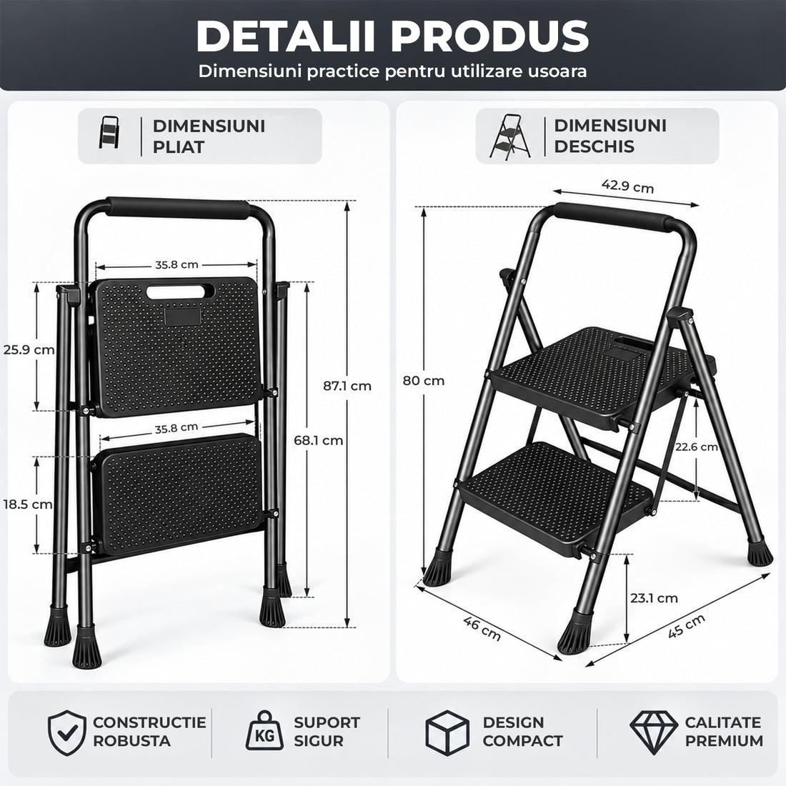 Scara Pliabila Metalica Elindor® cu 2 Trepte, Portabila, cu Pedale Late Antiderapante, Maner de Sprijin, Sistem de Blocare, Picioare Antialunecare, pentru Interior, Uz Casnic, Capacitate 150 kg, 46 x 45 x 80 cm, Negru