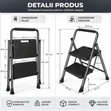 Scara Pliabila Metalica Elindor® cu 2 Trepte, Portabila, cu Pedale Late Antiderapante, Maner de Sprijin, Sistem de Blocare, Picioare Antialunecare, pentru Interior, Uz Casnic, Capacitate 150 kg, 46 x 45 x 80 cm, Negru
