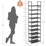 Organizator pentru Pantofi Elindor® Pantofar cu 10 Nivele Mari si 5 Carlige Metalice, Fara Gauri, Suport Metalic pentru Papuci, Dulap Hol, Dormitor, Economisire Spatiu, Depozitare Incaltaminte, 25.5 × 43 × 173 cm, Negru