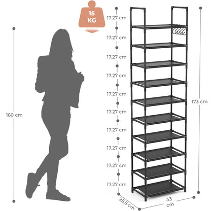 Organizator pentru Pantofi Elindor® Pantofar cu 10 Nivele Mari si 5 Carlige Metalice, Fara Gauri, Suport Metalic pentru Papuci, Dulap Hol, Dormitor, Economisire Spatiu, Depozitare Incaltaminte, 25.5 × 43 × 173 cm, Negru