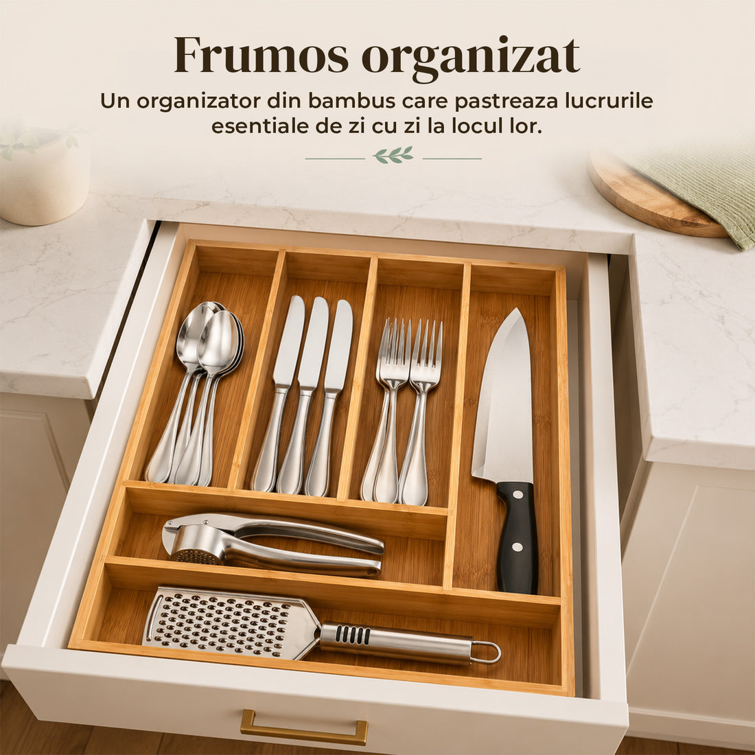 Organizator Fix Elindor® din Bambus, pentru Depozitare Tacamuri si Ustensile de Bucatarie, Furculite, Linguri, Cutite, Suport 6 Compartimente, Separator Sertare Spatios, Accesorii Organizare, Sertar 43 x 30.5 x 5 cm, Bej