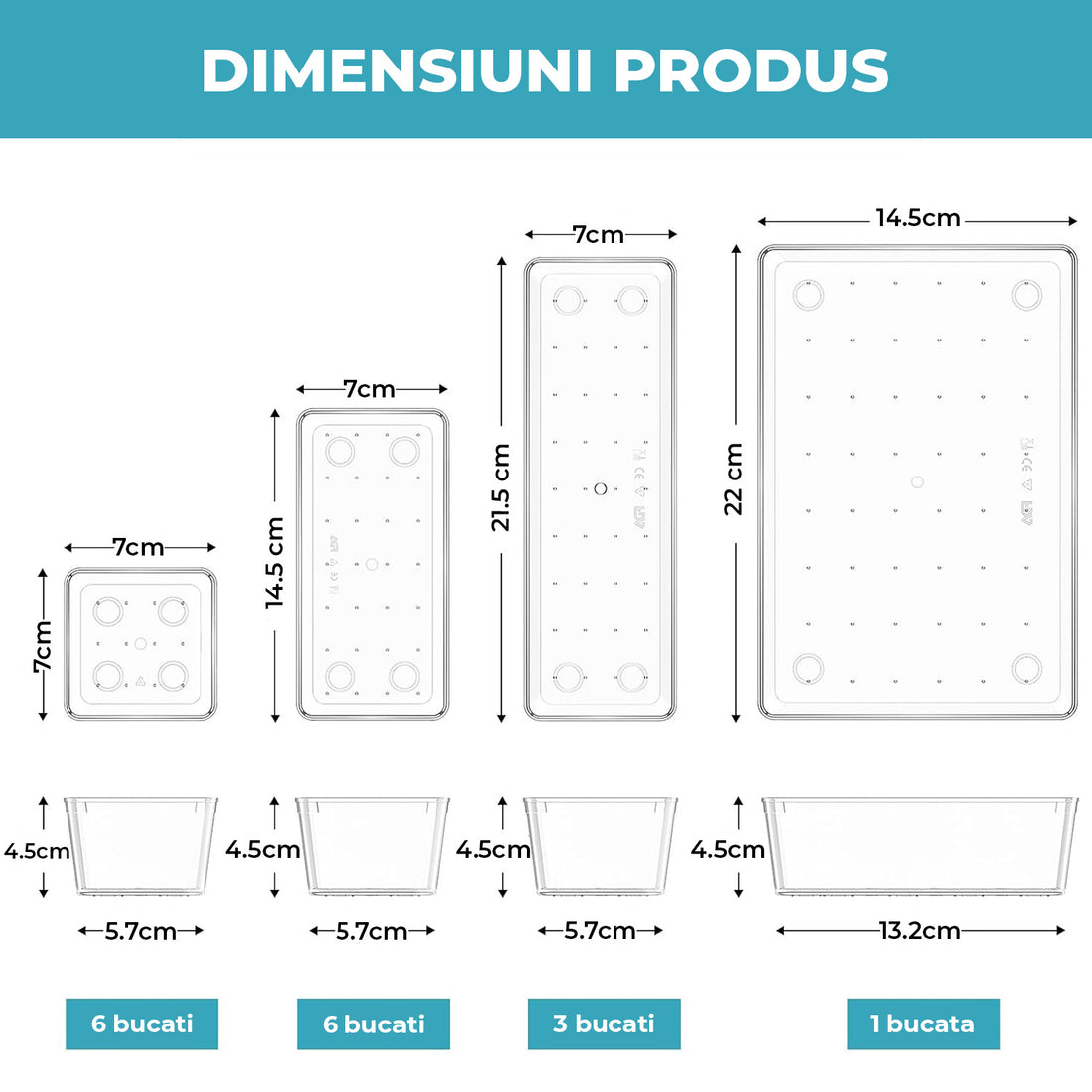 Set 16 Cutii Depozitare Elindor® Organizator pentru Bucatarie si Baie, 4 Marimi, Organizatoare Dulap si Sertare, Cutie pentru Sertar, Frigider, Camara, Baie, Bar, Birou, Cos Multifunctional, Separator Fructe, Legume, Creme, Parfumuri, PP