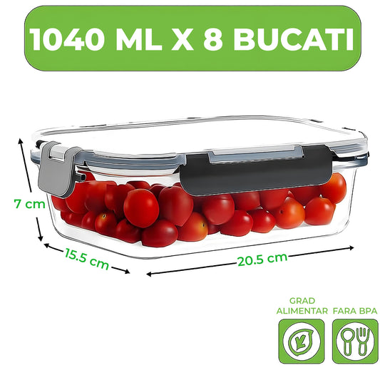 Set de 8 Caserole Elindor® din Sticla, Recipiente Ingrediente pentru Bucatarie, pentru Alimente Uscate, Recipient pentru Depozitare Zahar, Cafea, Paste, Cereale, Capac Etans, Potrivit pentru Congelator, 20.5 × 15.5 × 7 cm