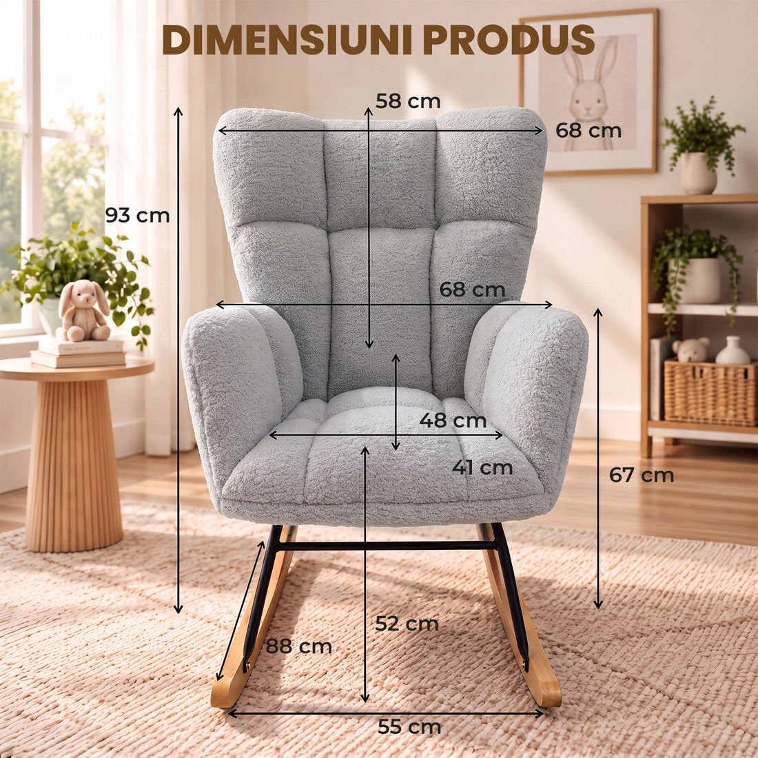 Fotoliu Balansoar Elindor® cu Spatar, Ergonomic, Cadru Solid din Otel, Ideal pentru Living, Dormitor, Camera Copilului, 68 x 88 x 93 cm, Gri Albastrui Deschis