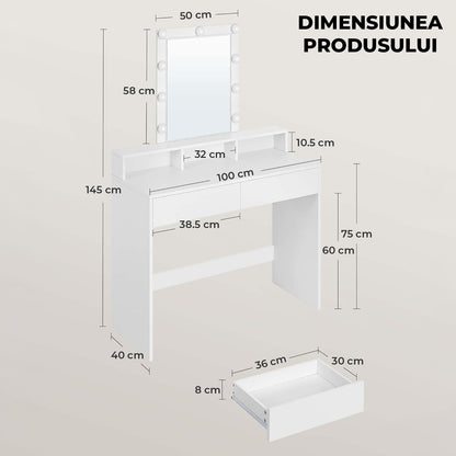 Masa de Machiaj Elindor®, cu Oglinda si Iluminare LED Reglabila, Spatiu Generos de Depozitare, 2 Sertare si 3 Compartimente, Fixare Anti-Rasturnare 40 × 100 × 145 cm, Alb