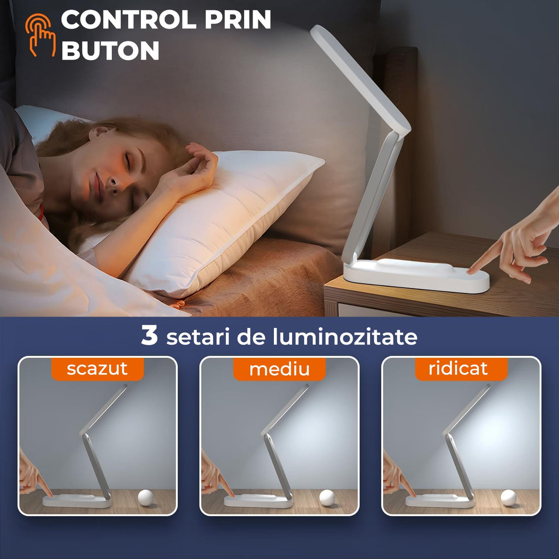 Lampa LED de Birou Elindor®, Pliabilă, 3 Moduri de Iluminare, Alb