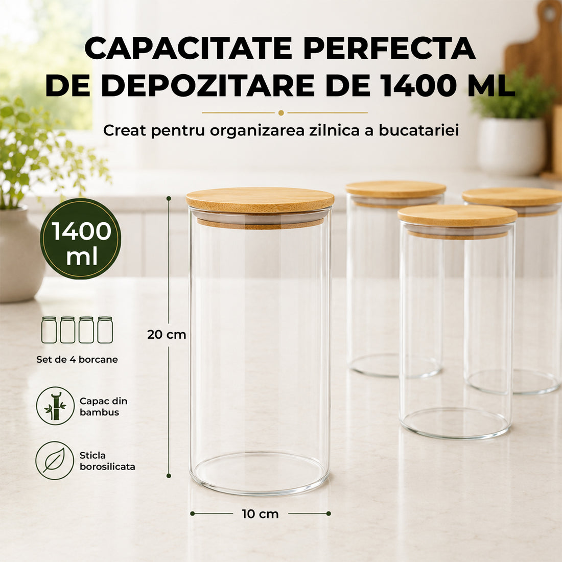 Set 4 Borcane din Sticla Elindor® cu Capac Ermetic din Bambus, Borcan 1400 ml, Marker si Etichete Incluse, Ideal pentru Condimente, Fructe Uscate, Cafea, Zahar, Recipient Depozitare in Bucatarie, 20 × 10 cm, Transparent