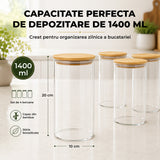 Set 4 Borcane din Sticla Elindor® cu Capac Ermetic din Bambus, Borcan 1400 ml, Marker si Etichete Incluse, Ideal pentru Condimente, Fructe Uscate, Cafea, Zahar, Recipient Depozitare in Bucatarie, 20 × 10 cm, Transparent