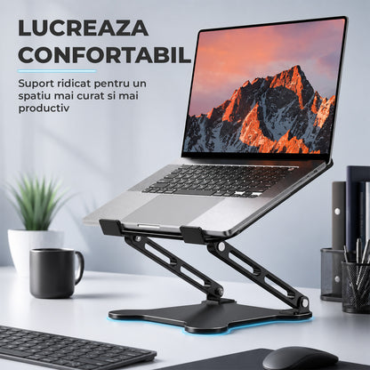 Suport Ergonomic Elindor® pentru Laptop si Tableta, Masa Portabila, Stand cu Baza Reglabila pe Inaltime, Universal, Baza Antiderapanta, Compatibil cu Laptopuri de 10-15.6 Inch, Ideal pentru Birou, Acasa, Calatorii, Negru