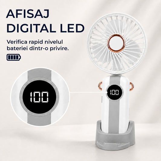 Ventilator Portabil Elindor® Mini Fan Turbo de Mana si Birou, 6 Trepte de Viteza, Acumulator Reincarcabil de 1200 mAh cu USB-C, Pliabil 110°, Ecran LED, Maner Ergonomic, Ultra Usor, pentru Calatorii, Vara, 19 x 9 x 4 cm, Alb