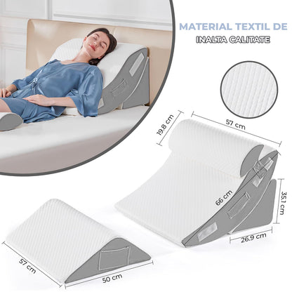 Perna Ortopedica Triunghiulara Elindor® pentru Pat, Perna din Spuma cu Memorie, Set 4 Piese, Suport Spate, Cap, Post-Operator, Anti-Reflux, Antisforait, Antirid, Husa Detasabila cu Fermoar, Reglabil cu Velcro, 57 x 57 cm, Alb / Gri