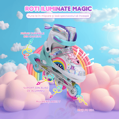 Role Reglabile pentru Copii și Adulți, 4 Roți Luminoase, Curcubeu, Mărimea 32-35 M
