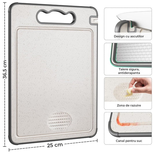 Tocator Elindor® din Otel Inoxidabil SUS304  + PP, Anti-alunecare, cu Maner, Reversibil 2 in 1, Ideal pentru Taierea si Servirea Legumelor, Fructelor, Branzeturilor sau Carnii, 36.5 × 25 × 0.8 cm, Argintiu