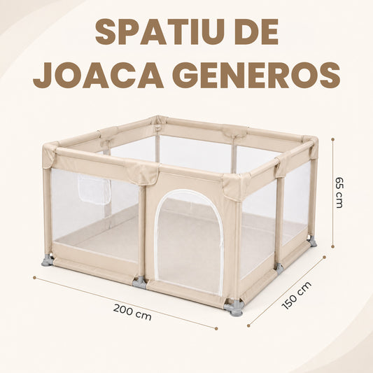Tarc de Joaca pentru Bebelusi si Copii Elindor® Spatiul Sigur de Joaca, Plasa de Protectie, Include Usa cu Fermoar, Materiale Eco-Friendly și Non-Toxice, Varsta 0-5 ani, 200 x 150 x 65 cm, Bej