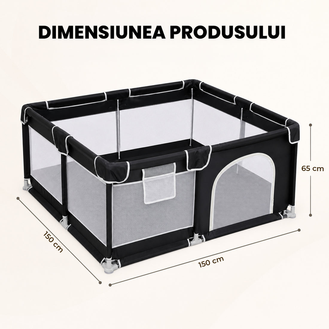 Tarc de Joaca pentru Bebelusi si Copii Elindor® cu Husa Groasa din Spuma, Spatiul Sigur de Joaca, Plasa de Protectie, Include Usa cu Fermoar, Materiale Eco-Friendly și Non-Toxice, Varsta 0-5 ani, 150 x 150 x 65 cm, Negru