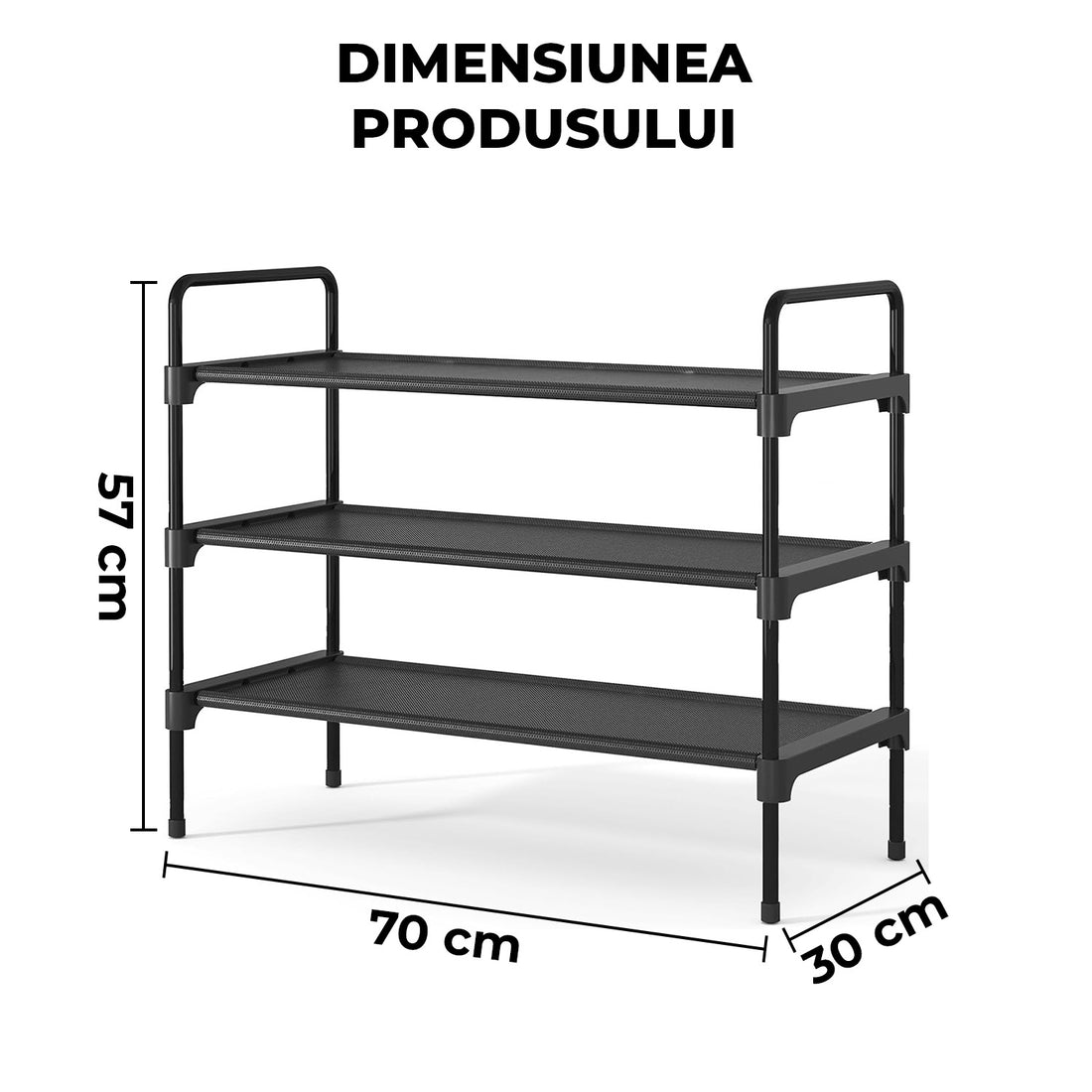 Organizator pentru Pantofi Elindor® Pantofar cu 3 Nivele Mari, Fara Gauri, Suport Metalic pentru Papuci, Dulap Hol, Dormitor, Economisire Spatiu, Depozitare Incaltaminte, 70 × 30 × 57 cm, Negru
