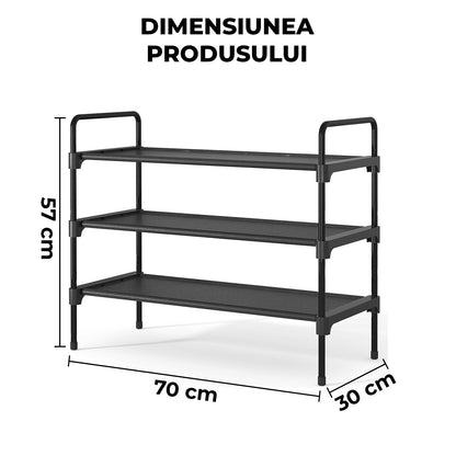 Organizator pentru Pantofi Elindor® Pantofar cu 3 Nivele Mari, Fara Gauri, Suport Metalic pentru Papuci, Dulap Hol, Dormitor, Economisire Spatiu, Depozitare Incaltaminte, 70 × 30 × 57 cm, Negru
