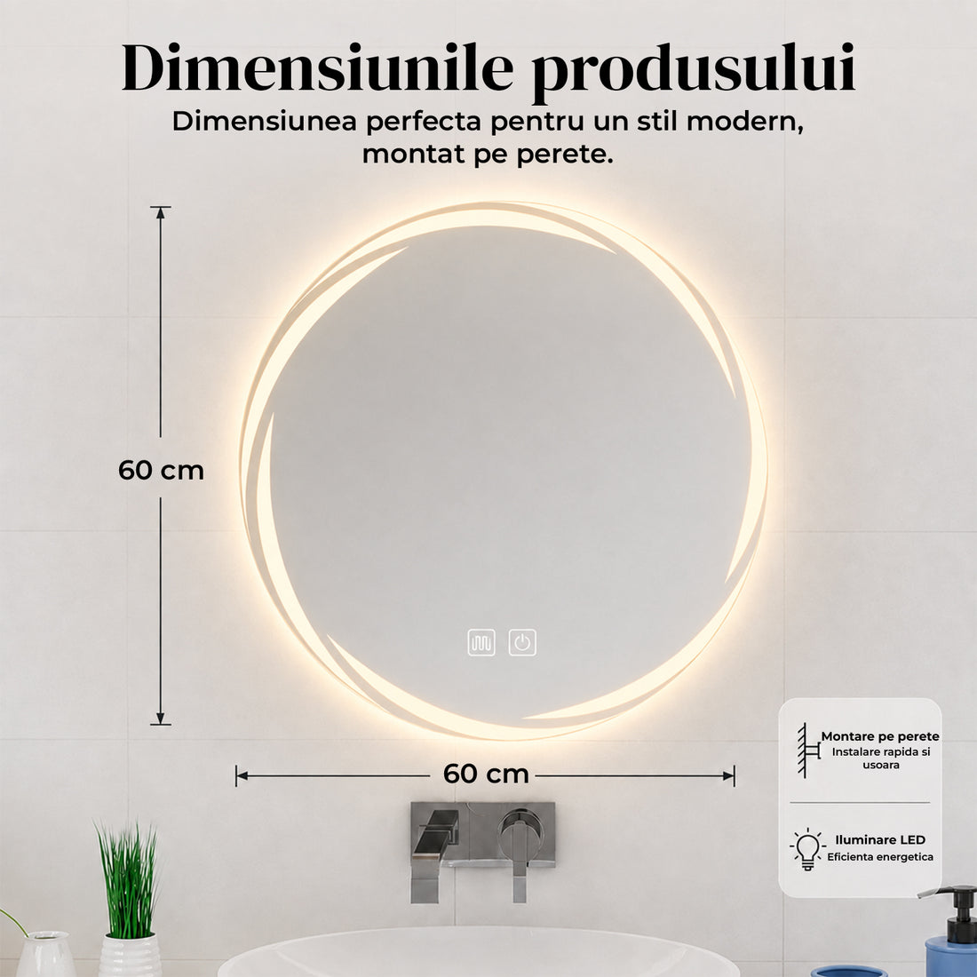 Oglinda de Perete Elindor® Rotunda, fara Rama, Antiaburire, Ideala in Baie, Iluminare Led, Buton ON/OFF Luminat, Rezistenta la Umiditate IP44, Model Halo, 60 x 60 cm, Transparent
