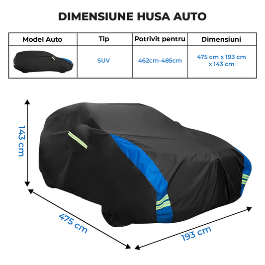 0744203628585 - Prelata Auto Premium Elindor® Impermeabila, Protectie UV, Antisoare, Praf, Ploaie si Zapada, Toate Anotimpurile, Husa Exterior, Huse Protectie Completa, Universala, Accesorii Masina, Marime SUV XXXL, 520 × 200 × 185 cm, Negru