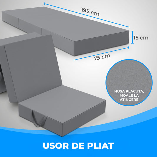 Saltea Pliabila Elindor® din 3  Segmente, Spuma Groasa 15 cm, Husa Lavabila, Portabila, Usor de Depozitat si Transportat, Potrivita pentru Adulti, pentru Dormitor, 195 × 75 × 15 cm, Gri