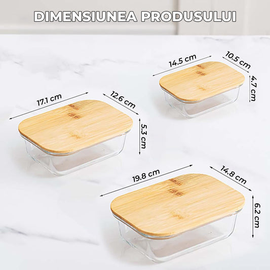 Set de 3 Caserole Elindor® din Sticla, cu Capac din Bambus, Recipiente Ingrediente pentru Bucatarie, pentru Alimente Uscate, Recipient pentru Depozitare Cafea, Zahar, Paste, Cereale, Capac Etans, Potrivit pentru Congelator, Transparent