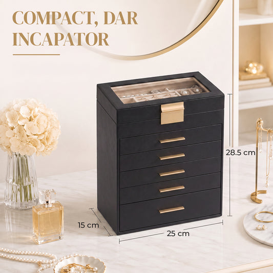 Cutie de Bijuterii Elindor® Organizator pe 6 Niveluri, Sertar x5, Spatiu de Depozitare pentru Inel, Verighete, Lantisoare, Bratari, Cercei, Caseta din Material Catifelat, Design Rafinat, Simplu si Elegant, Piele Ecologica Neagra, 15 x 25 x 28.5 cm
