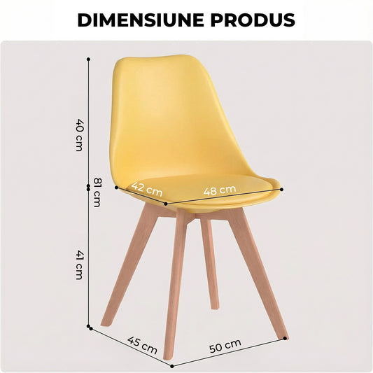 Set 4 Scaune Bucatarie Elindor® din Piele Ecologica, Picioare din Lemn, Scaun Confortabil, Perna Sezut, Elegant, pentru Bucatarie, Dormitor, Living, 50 x 45 x 81 cm, Galben