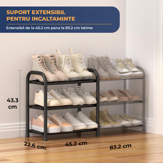 Organizator Extensibil pentru Pantofi Elindor® Pantofar cu 3 Nivele Mari, Fara Gauri, Suport Metalic pentru Papuci, Dulap Hol, Dormitor, Economisire Spatiu, Depozitare Incaltaminte, 45–83 × 22.6 × 43.3 cm, Negru