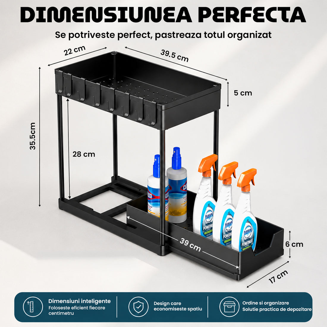 Organizator Multifunctional Elindor® pe 2 Nivele, Sertar Glisant Organizare, pe Blat sau in Dulap sub Chiuveta, 16 Carlige, Suport Plastic, pentru Bucatarie, Baie, Camara, Bar, Raft cu Sertare Depozitare Legume, Detergenti, Parfumuri, 39.5x21.6x39, Negru