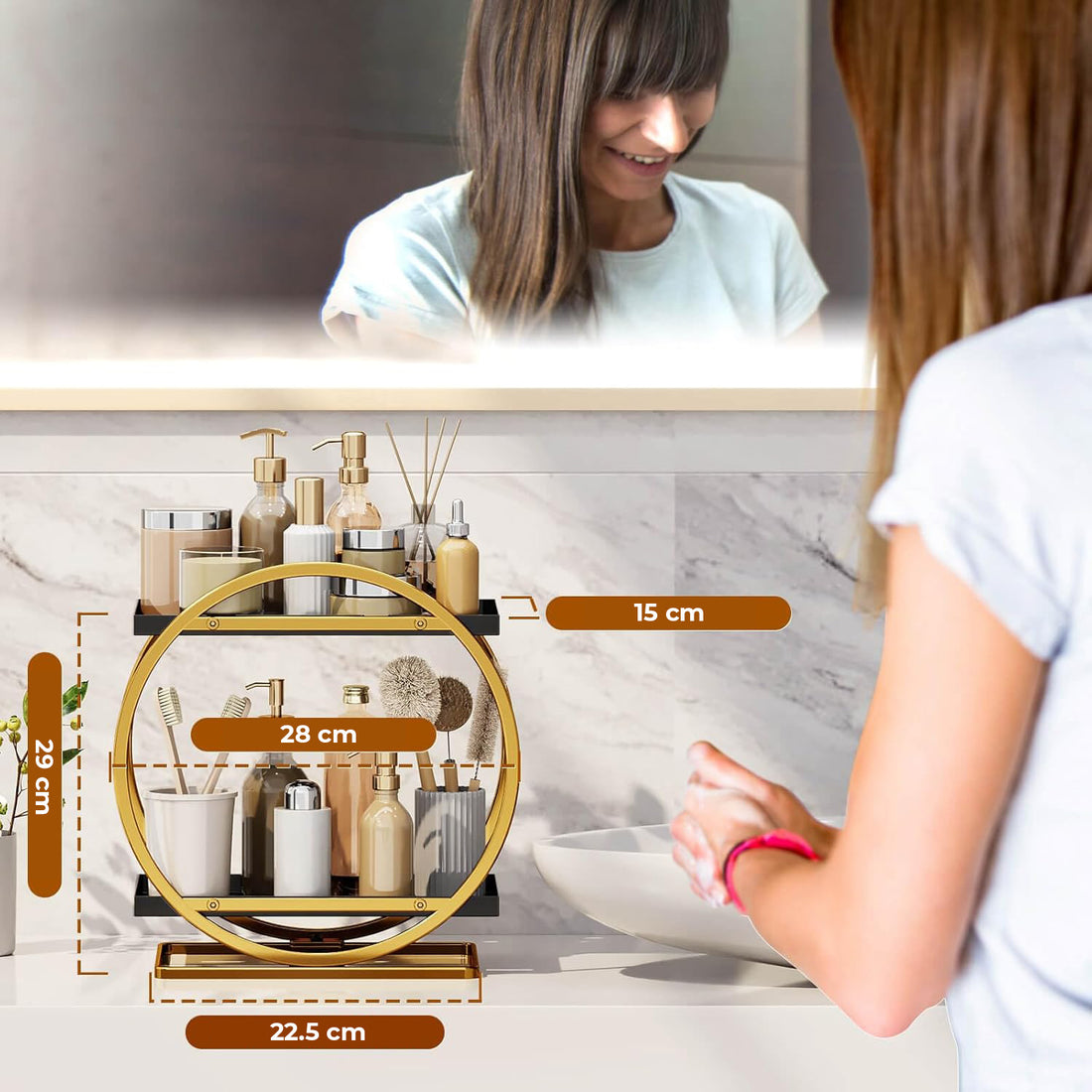 Organizator Cosmetice 2 Niveluri Elindor®, Suport Parfum si Skincare, Raft de Dus Baie, Etajera Depozitare, Accesorii Universale, 28 × 15 × 29 cm, Negru / Auriu