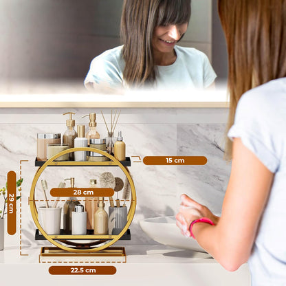 Organizator Cosmetice 2 Niveluri Elindor®, Suport Parfum si Skincare, Raft de Dus Baie, Etajera Depozitare, Accesorii Universale, 28 × 15 × 29 cm, Negru / Auriu