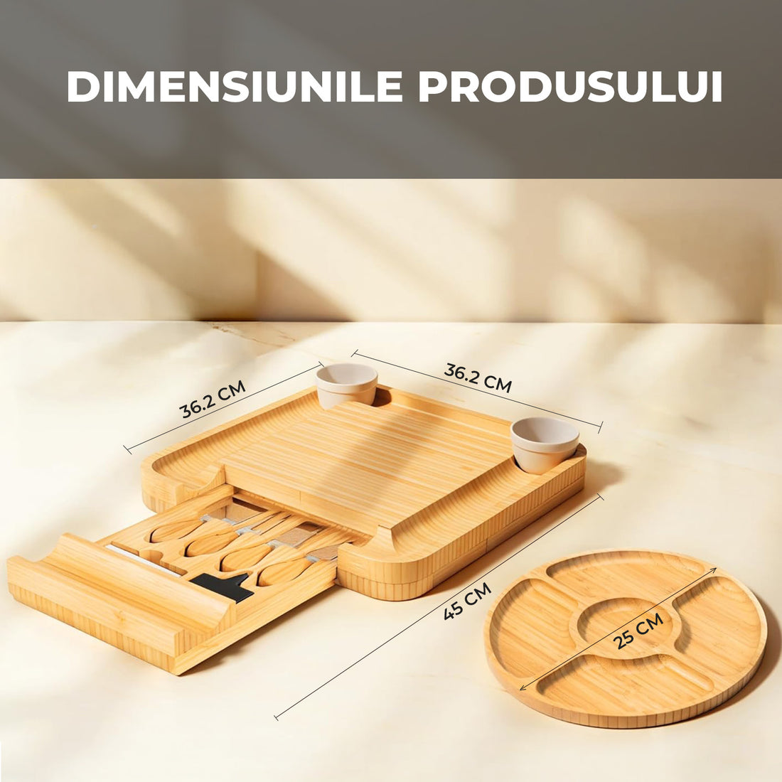 Platou pentru Servire Branzeturi si Aperitive Elindor® din Bambus, Tava Rotunda, Cutite Branzeturi, Boluri Ceramice, Platou de Bucatarie, 36.2 × 36.2 × 45 cm, Bej