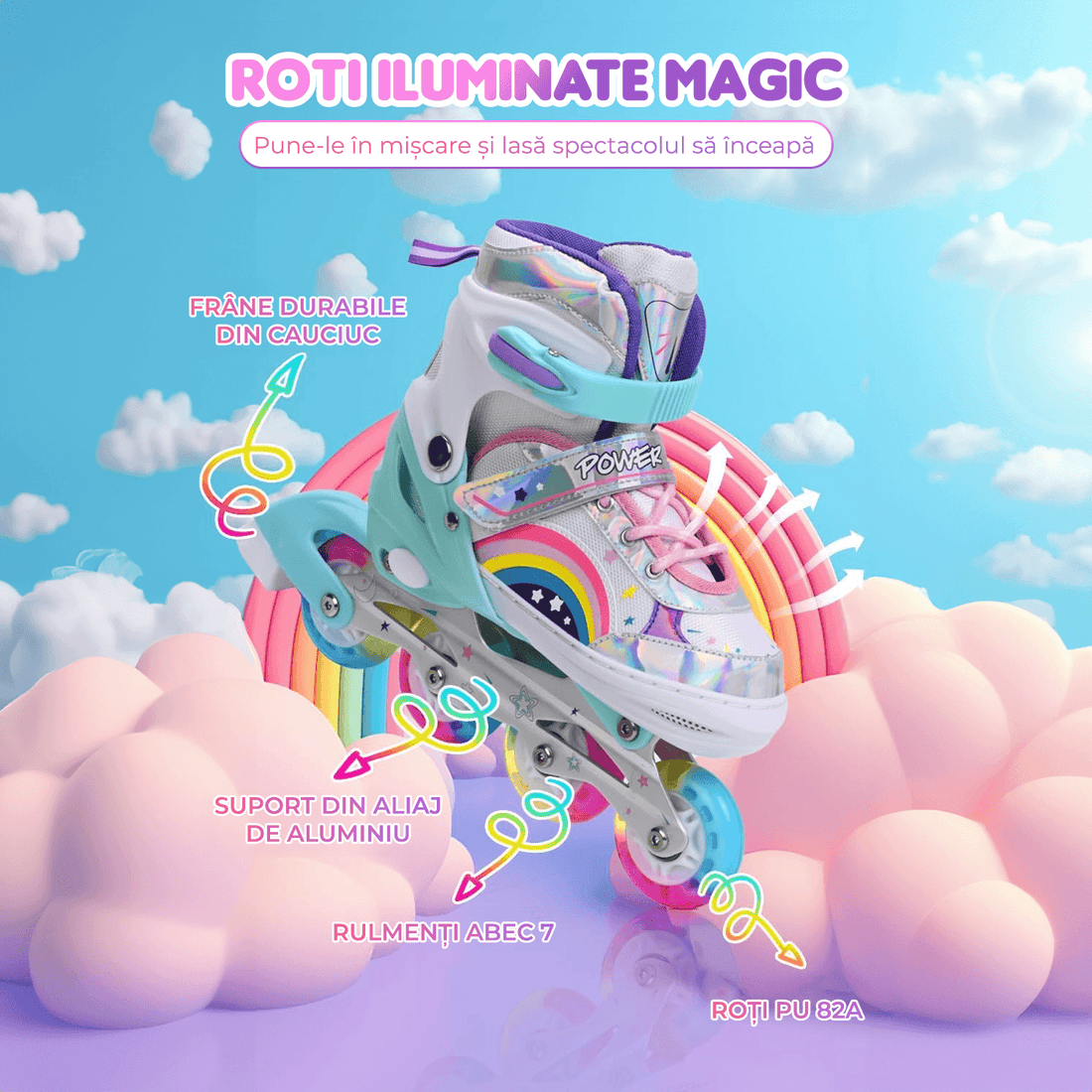 Role Reglabile pentru Copii și Adulți, 4 Roți Luminoase, Curcubeu, Mărimea 27-31 S