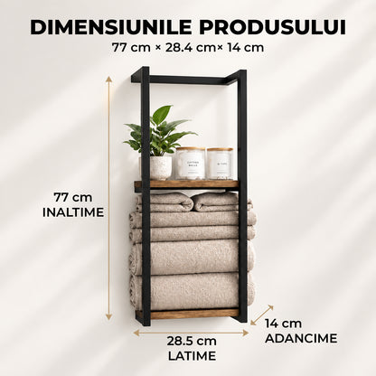 Raft Prosop Elindor® Etajera Prosoape Dus, Suport Organizare Perete sau Podea, Organizator Baie, Polita din Otel Carbon si Lemn, 77 x 28.5 x 14 cm, Negru