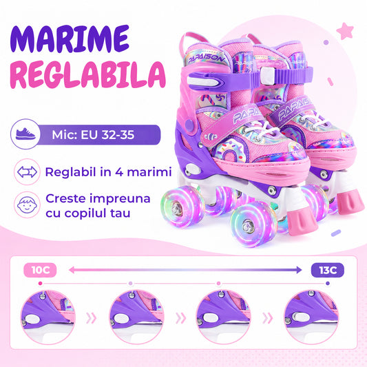 Role Reglabile Elindor® pentru Copii si Adulti, 4 Roti Luminoase din Silicon Quad, Rulmenti ABEC-7, Frana Fata, Aluminiu / Poliuretan, Patine cu Rotile pentru Fete, Baieti, Dama, Marimea M, 32-35, Mov / Roz