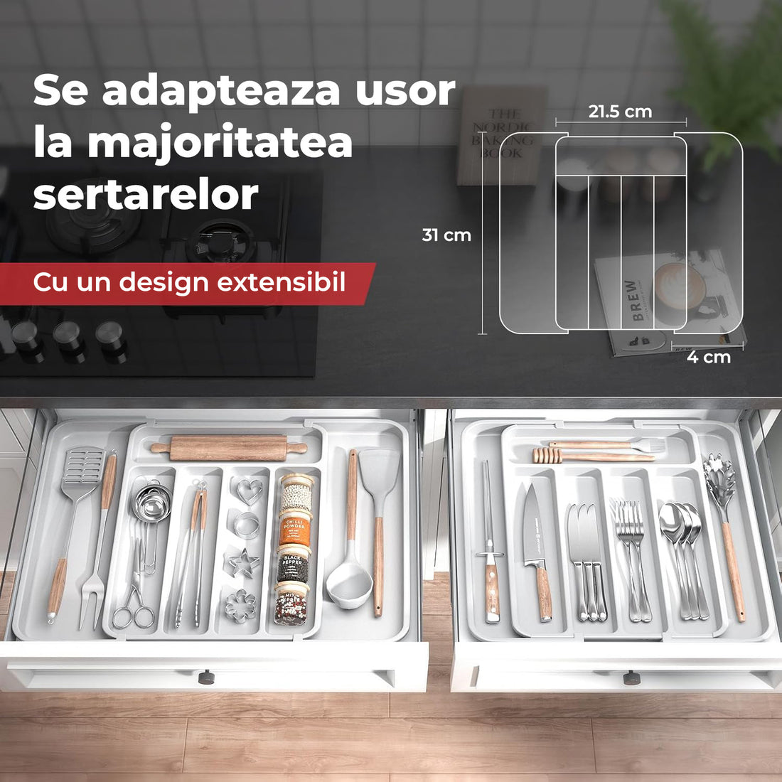 Organizator Extensibil Elindor® pentru Tacamuri si Ustensile de Bucatarie, 7 Compartimente, Sertar Extensibil 31 × 21.5 × 4 cm, Suport Ajustabil pentru Cutite, Linguri, Furculite, Alb