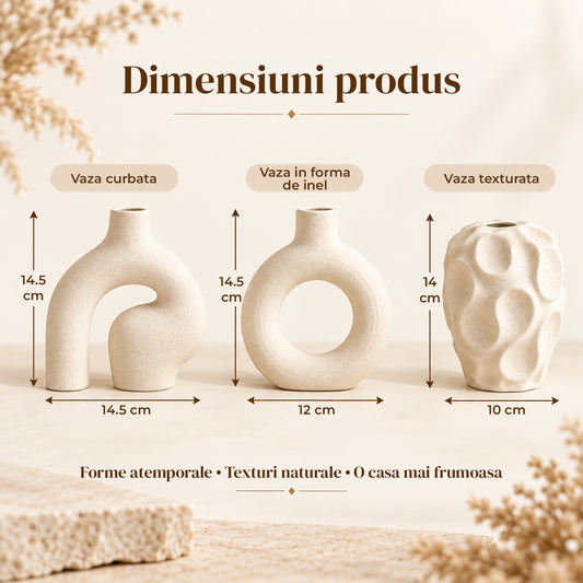 Set 3 Vaze Decorative Elindor® Ideale pentru Flori, Cadou de Casa Noua, Vaza Decorativa pentru Interior sau Exterior, Living, Birou, Dormitor, Hol, Terasa, Design Fin, Stil Boho, din Ceramica Alba Pudrata