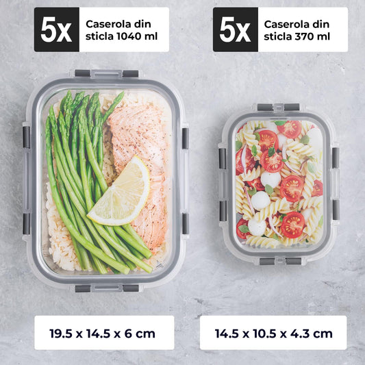 Set de 10 Caserole Elindor® din Sticla, Recipiente Ingrediente pentru Bucatarie, pentru Alimente Uscate, Recipient pentru Depozitare Zahar, Cafea, Paste, Cereale, Capac Etans, Potrivit pentru Congelator Transparent