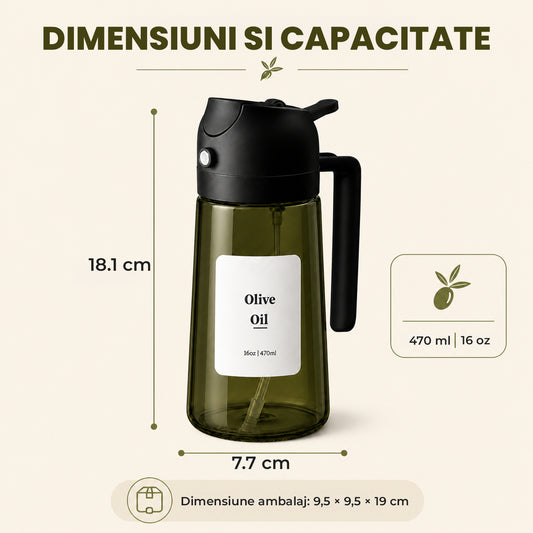 Pulverizator Ulei 2 în 1 Elindor®, Oliviera 470 ml, Sticla Dozatoare Multifunctionala, Control Precis, pentru Gatit, Friteuza cu Aer, Salate, Material Sticla si PVC, 18.1 x 7.7 cm, Negru