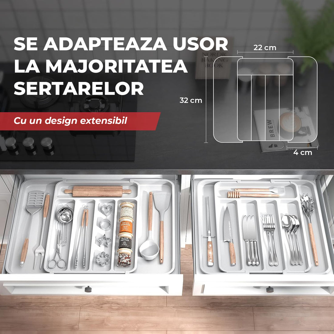 Organizator Elindor® pentru Tacamuri si Ustensile de Bucatarie, 5-7 Compartimente, Sertar Extensibil, Suport Ajustabil pentru Cutite, Linguri, Furculite, Accesorii Bucatarie, Separator Sertar, 32 × 22 × 4 cm, Alb