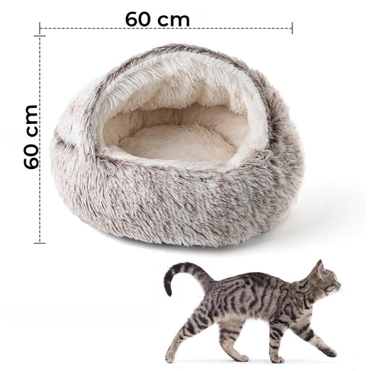 Pat Confortabil pentru Caini si Pisici Elindor® Rotund, Culcus Moale Antiderapant, Potrivit pentru Caine si Pisica de Talie Mica si Medie, Ideal in Orice Anotimp, in Casa, 60 × 60 × 16 cm, Gri / Bej