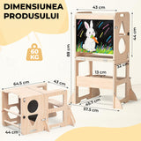 Turn de Invatare Elindor®, Design 3 in 1 Multifunctional pentru Copii, Scaun Montessori Pliabil cu Tabla de Scris, Bare pentru Protectie, Lemn Pin, Antialunecare, pentru Interior, 88 x 32 x 43 cm, Bej / Natur