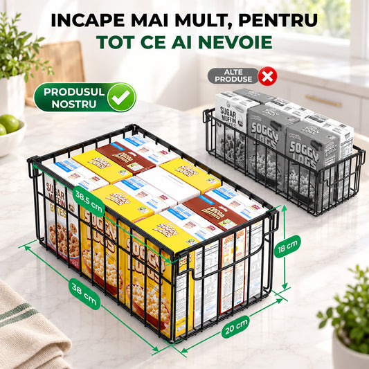 Set 4 Cosuri Organizatoare Elindor® pentru Congelator, Suprapozabile si Pliabile, Design Potrivite si pentru Frigider, Camara, Bucatarie, cu Manere Mobile, din Otel Carbon, 38 x 20 x 18 cm, Negru