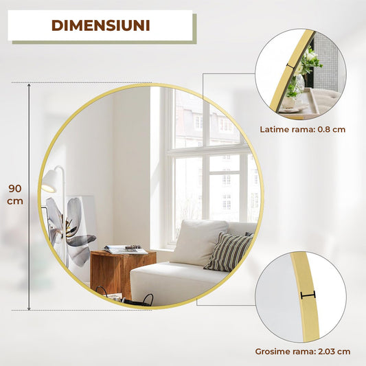 Oglinda Rotunda Aurie Elindor® Decorativa, Moderna si Eleganta, Reflexie HD, Sticla fara Distorsiuni, Ideala pentru Dormitor, Living, Birou, Dressing, Hol, Rama Metalica, Diametru 90 cm